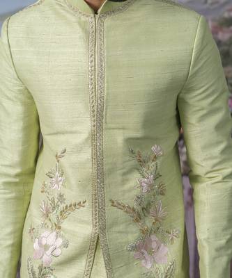 Green embroidered chanderi silk Bandhgala set 3