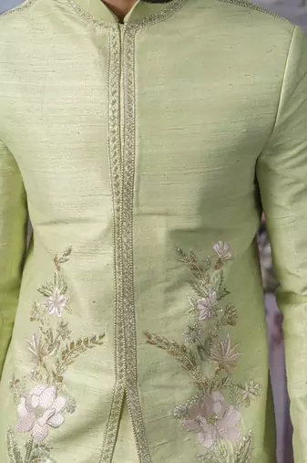 Green embroidered chanderi silk Bandhgala set