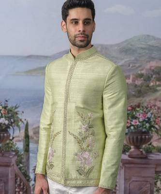 Green embroidered chanderi silk Bandhgala set 4