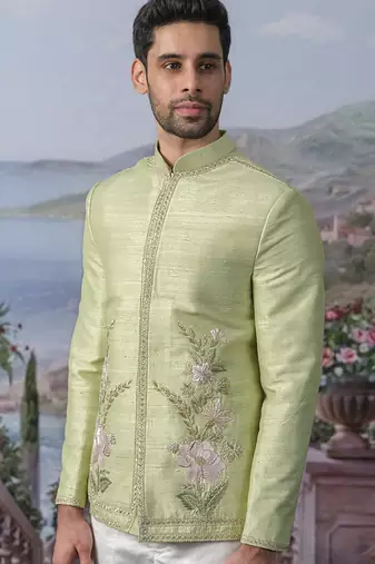 Green embroidered chanderi silk Bandhgala set