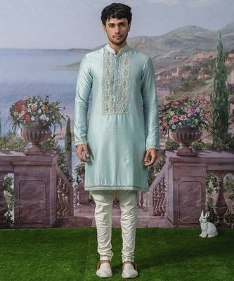 Blue embroidered chanderi silk kurta pajama 1