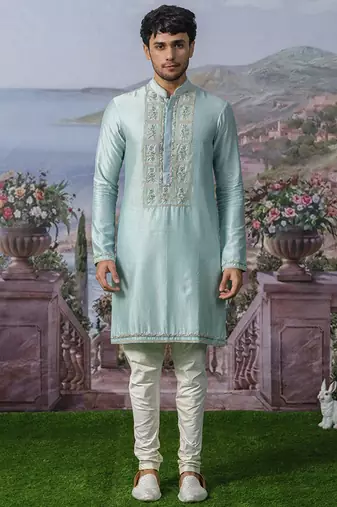 Blue embroidered chanderi silk kurta pajama