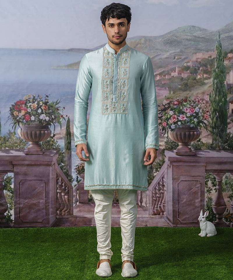 Blue embroidered chanderi silk kurta pajama
