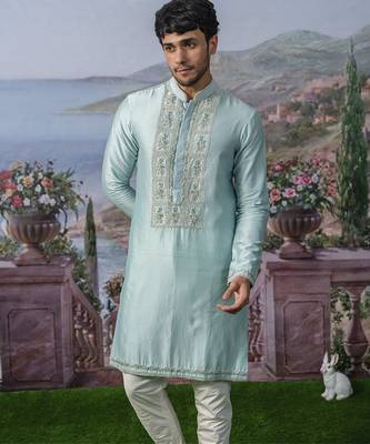 Blue embroidered chanderi silk kurta pajama 2