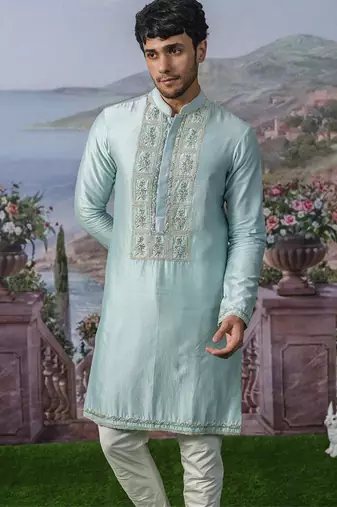 Blue embroidered chanderi silk kurta pajama