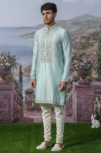 Blue embroidered chanderi silk kurta pajama