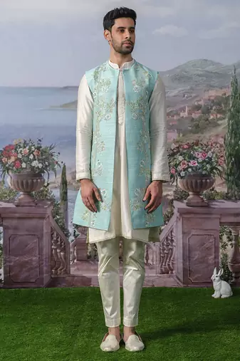 Blue embroidered chanderi silk jacket with kurta pajama