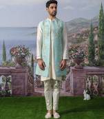 Blue embroidered chanderi silk jacket with kurta pajama