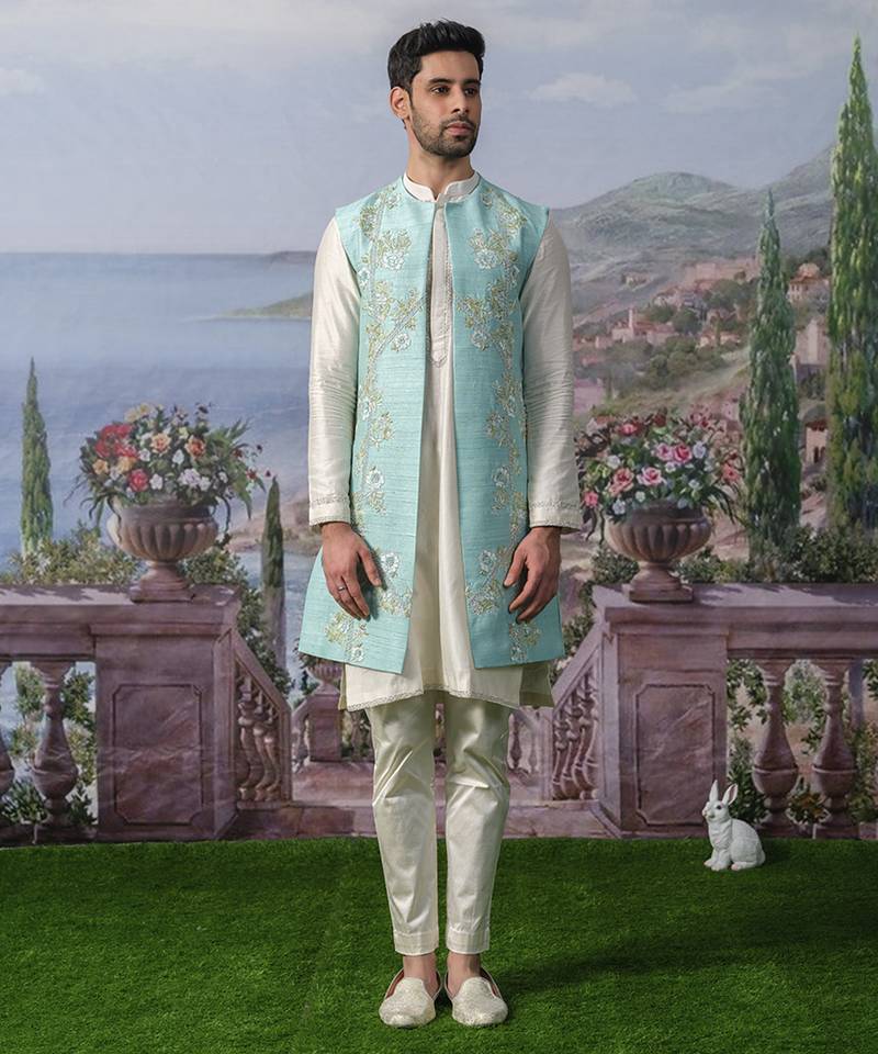 Blue embroidered chanderi silk jacket with kurta pajama