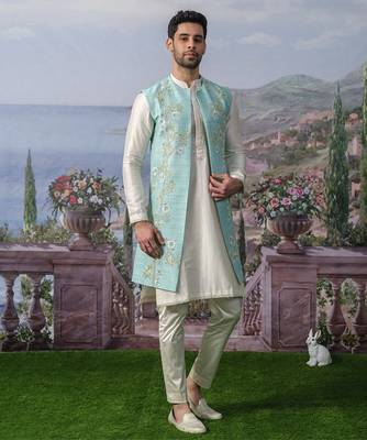 Blue embroidered chanderi silk jacket with kurta pajama 2