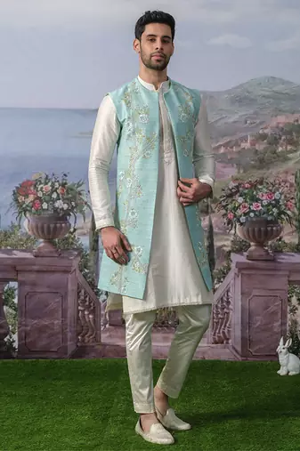 Blue embroidered chanderi silk jacket with kurta pajama