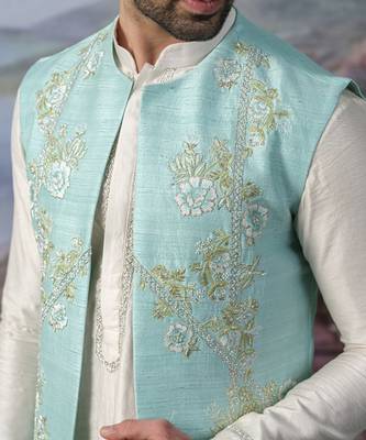 Blue embroidered chanderi silk jacket with kurta pajama 3