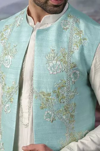 Blue embroidered chanderi silk jacket with kurta pajama