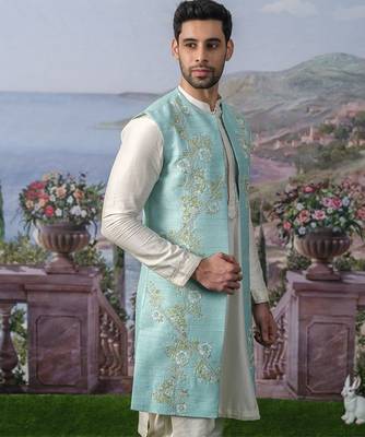 Blue embroidered chanderi silk jacket with kurta pajama 4
