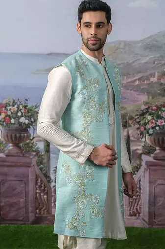 Blue embroidered chanderi silk jacket with kurta pajama