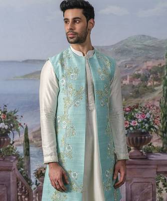 Blue embroidered chanderi silk jacket with kurta pajama 5