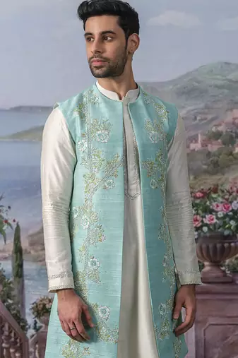 Blue embroidered chanderi silk jacket with kurta pajama