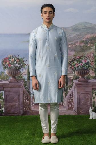 Blue embroidered chanderi silk kurta pajama