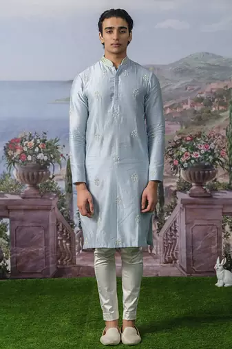 Blue embroidered chanderi silk kurta pajama