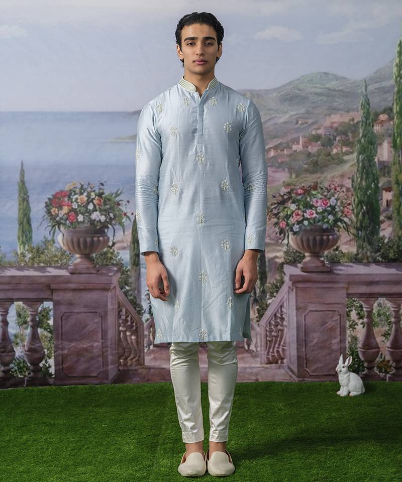 Blue embroidered chanderi silk kurta pajama