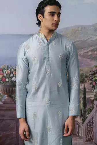 Blue embroidered chanderi silk kurta pajama