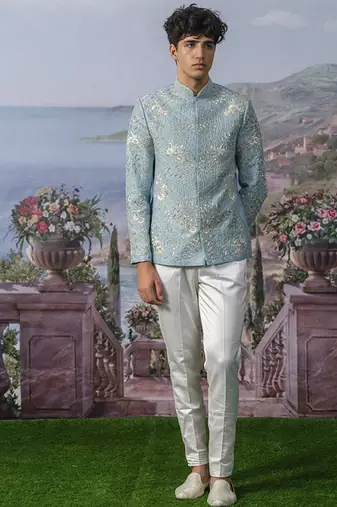 Blue embroidered chanderi silk Bandhgala set