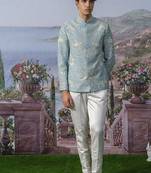 Blue embroidered chanderi silk Bandhgala set