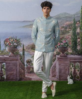 Blue embroidered chanderi silk Bandhgala set 2