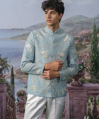 Blue embroidered chanderi silk Bandhgala set 3
