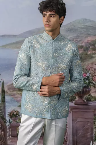 Blue embroidered chanderi silk Bandhgala set