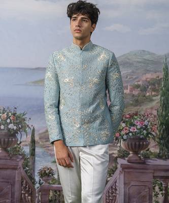 Blue embroidered chanderi silk Bandhgala set 4