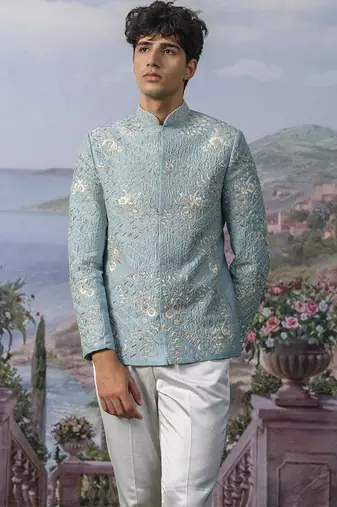 Blue embroidered chanderi silk Bandhgala set