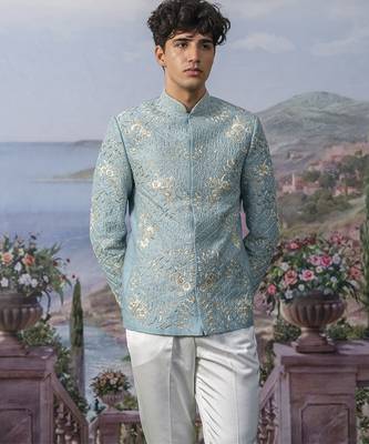 Blue embroidered chanderi silk Bandhgala set 5
