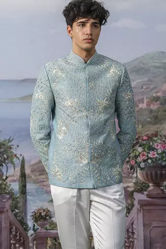Blue embroidered chanderi silk Bandhgala set