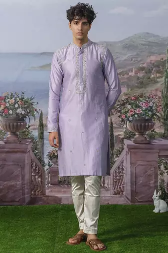 Purple embroidered chanderi silk kurta pajama