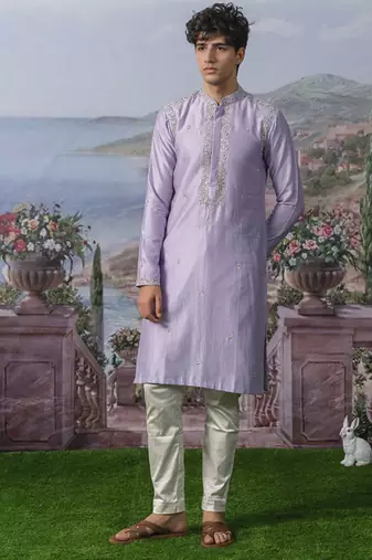 Purple embroidered chanderi silk kurta pajama