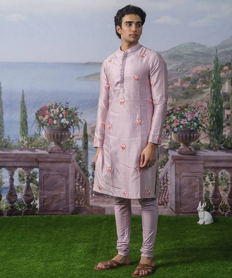 Purple embroidered chanderi silk kurta pajama