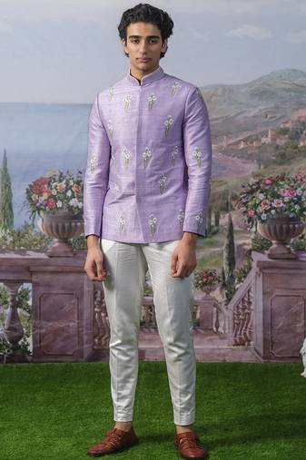Purple embroidered chanderi silk Bandhgala set