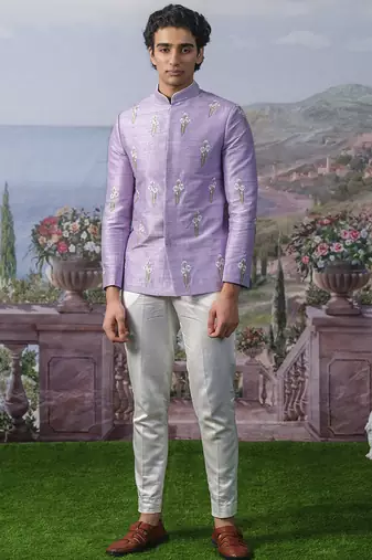 Purple embroidered chanderi silk Bandhgala set