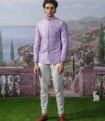 Purple embroidered chanderi silk Bandhgala set