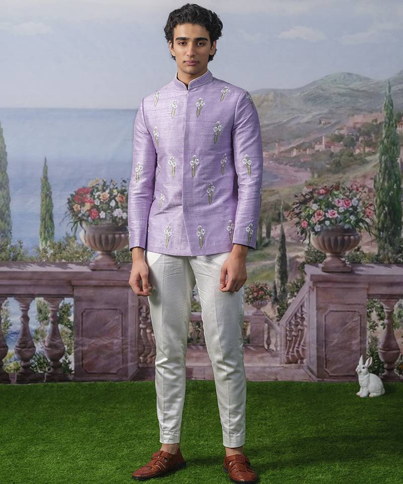Purple embroidered chanderi silk Bandhgala set
