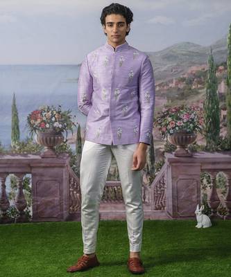 Purple embroidered chanderi silk Bandhgala set 2