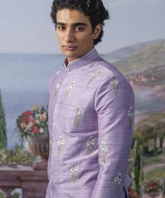 Purple embroidered chanderi silk Bandhgala set 3