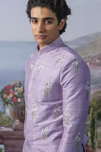 Purple embroidered chanderi silk Bandhgala set
