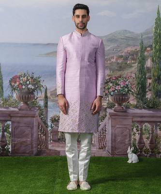 Purple embroidered chanderi silk kurta pajama 1