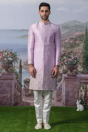 Purple embroidered chanderi silk kurta pajama