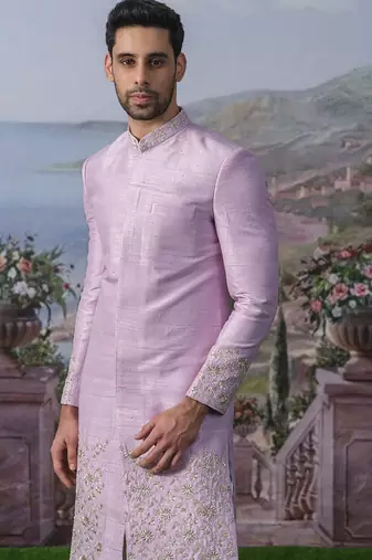 Purple embroidered chanderi silk kurta pajama