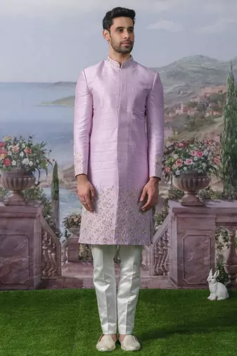 Purple embroidered chanderi silk kurta pajama