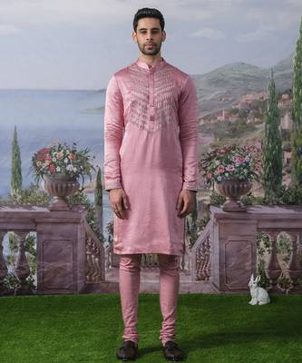 Pink embroidered chanderi silk kurta pajama 1