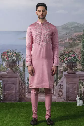 Pink embroidered chanderi silk kurta pajama
